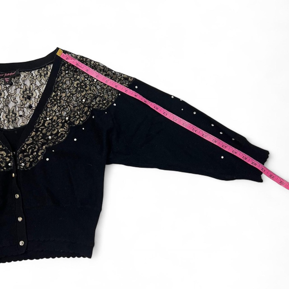 Betsey Johnson Black V-Neck Sweater Cardigan with Gold Lace & Pearl Accents - Picture 6 of 6